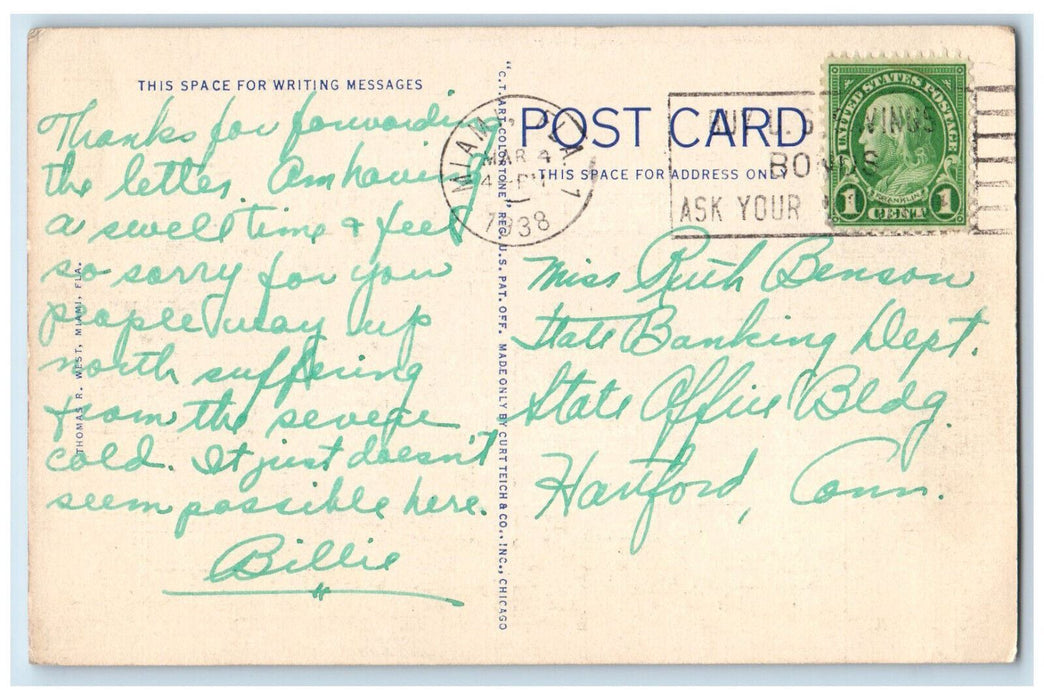 1938 Royal Palm Yacht Basin and Miami River Miami Florida FL Postcard