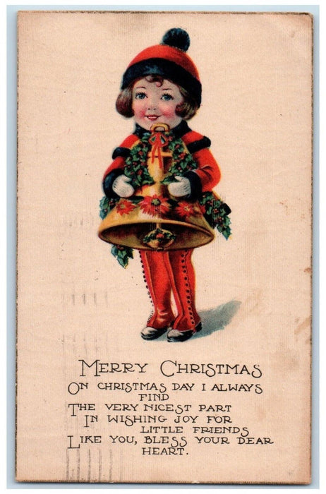 c1910's Christmas Girl Holding Holly Bells Poinsettia Flowers Antique Postcard