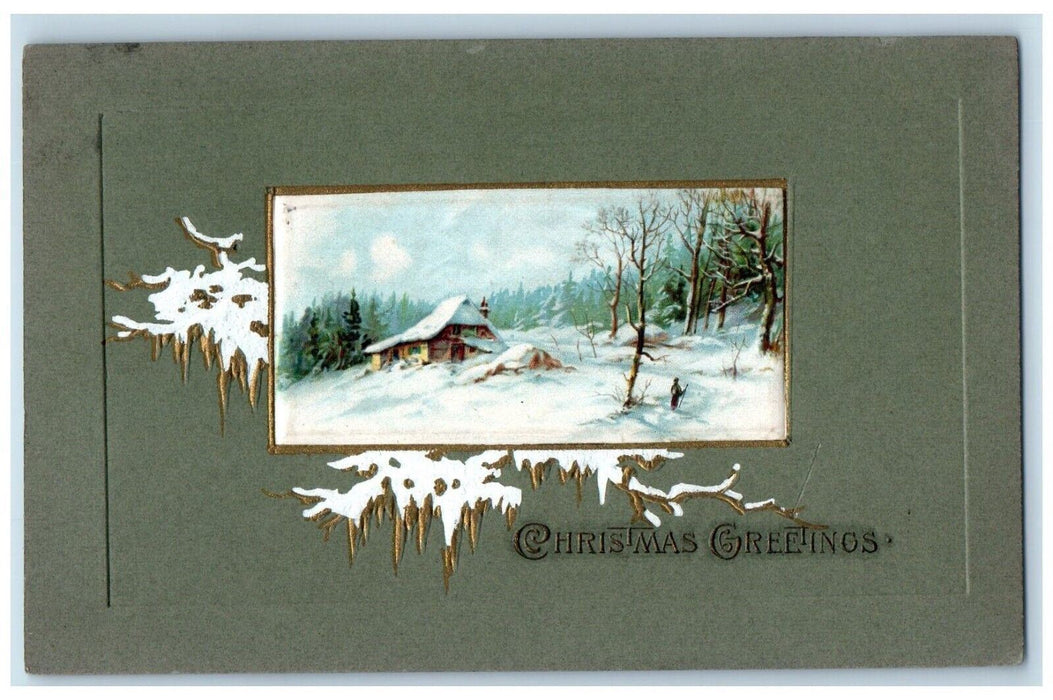 c1910's Christmas Greetings House Winter Snow Winsch Back Antique Postcard