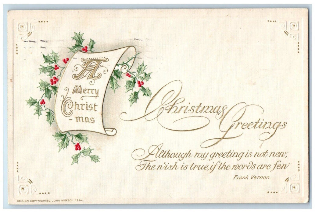 1914 Christmas Greeting Holly Berries John Winsch Artist Signed Antique Postcard
