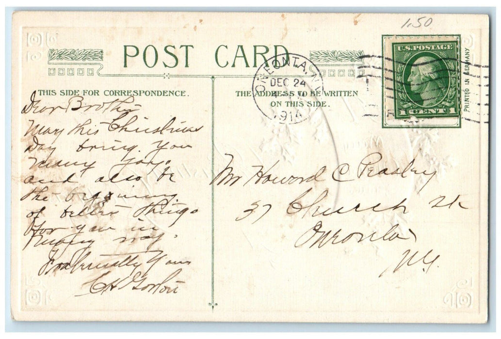 1914 Christmas Greeting Holly Berries John Winsch Artist Signed Antique Postcard