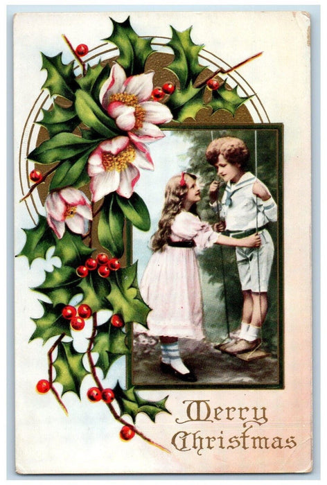 c1910's Christmas Girl Boy Swinging Holly Berries Flowers Embossed Postcard