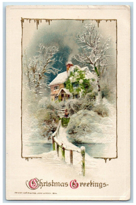 1914 Christmas Greetings House Wooden Bridge Chimney John Winsch Posted Postcard