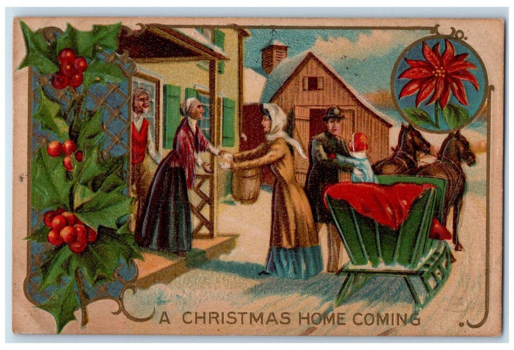 c1910's Christmas Home Coming Horse Sleigh Holly Poinsettia Flowers Postcard