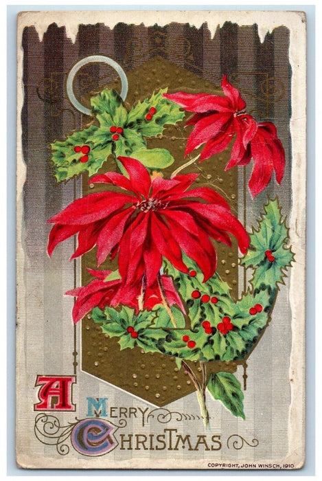 c1910's Christmas Holly Poinsettia Flowers John Winsch Embossed Antique Postcard