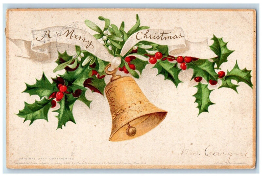 1907 Christmas Holly Berries Bell Ellen Clapsaddle Embossed Antique Postcard