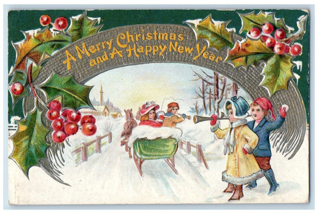 c1910's Christmas And Happy New Year Horse Sled Trumpet Holly Berries Postcard