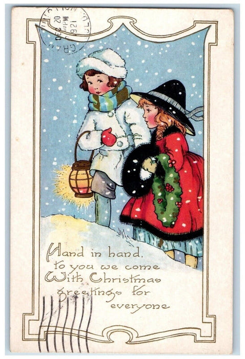 1921 Christmas Greetings Mother And Daughter Snowfalls Lantern Whreat Postcard