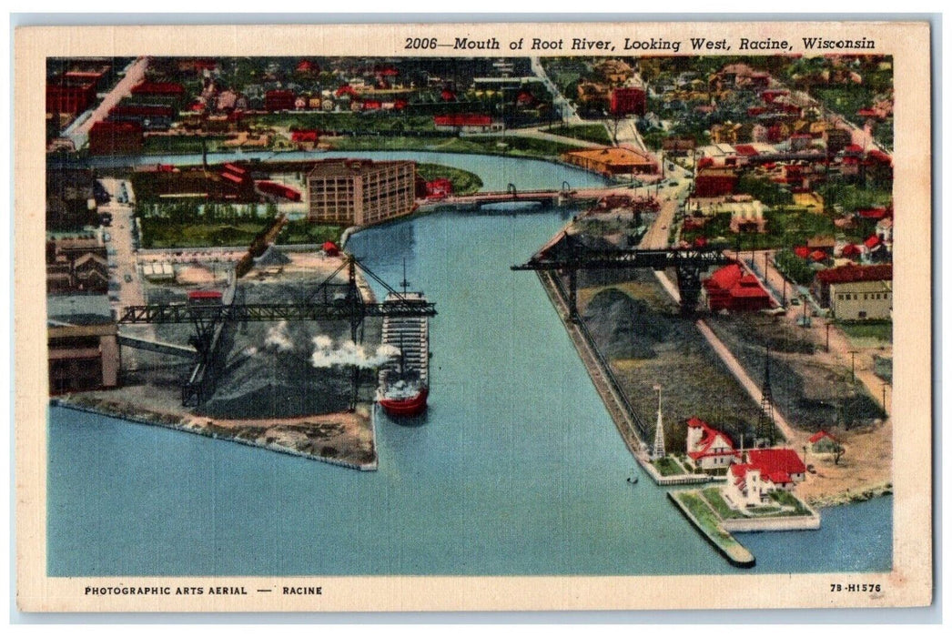 Bird's Eye View Mouth Of Root River Looking West Racine Wisconsin WI Postcard