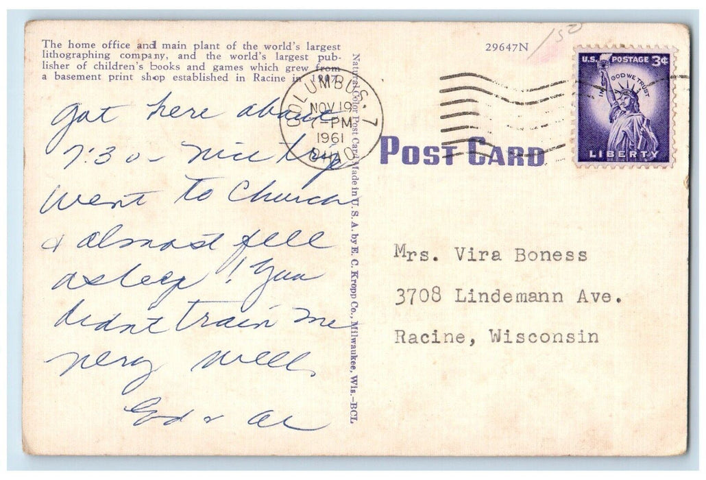 1961 Western Printing And Litho. CO. Building Racine Wisconsin WI Postcard