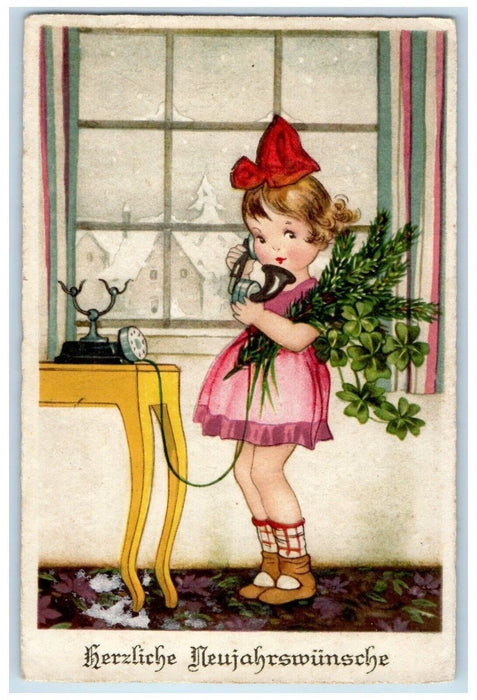 c1910's Christmas Girl Telephone Holly Leaf Shamrock Posted Antique Postcard