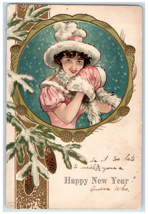 1909 Christmas Girl Pinecone Snowfall Winter Embossed Posted Antique Postcard