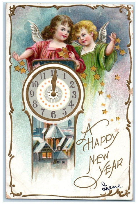 1908 Happy New Year Angels Cherub Midnight Clock Stars Tuck's Antique Postcard