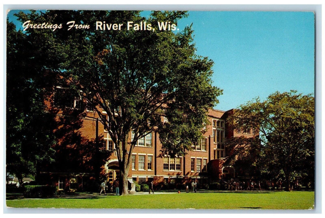 Greetings From River Falls Building Trees Scene Wisconsin WI Vintage Postcard