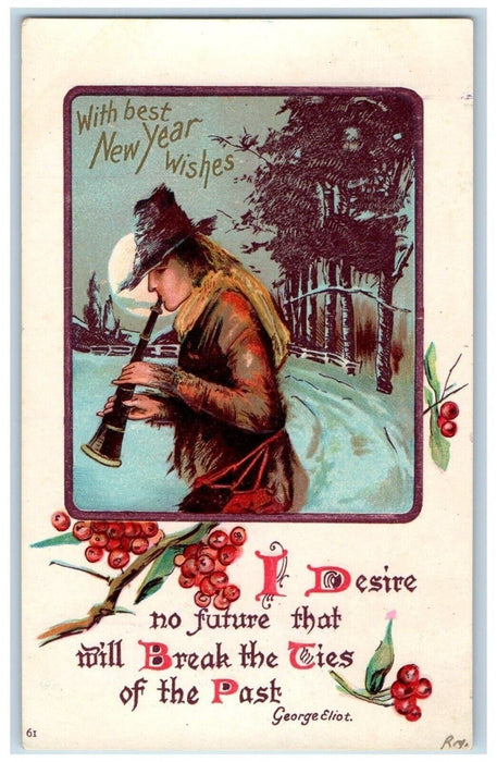 c1905 New Year Boy Clarinet Holly Berries Clapsaddle Embossed Antique Postcard