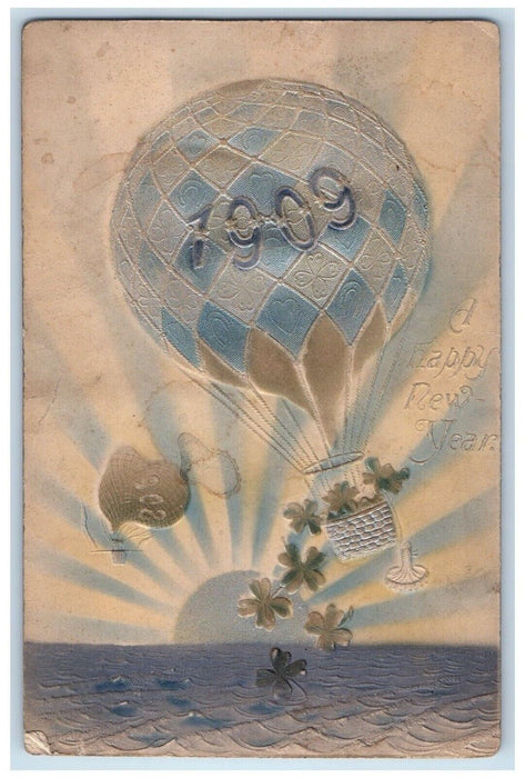 1909 New Year Hot Air Balloon Shamrock Embossed Unposted Antique Postcard
