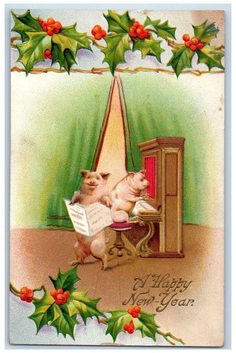 1912 New Year Pigs Playing Piano Holly Berries Embossed Posted Antique Postcard