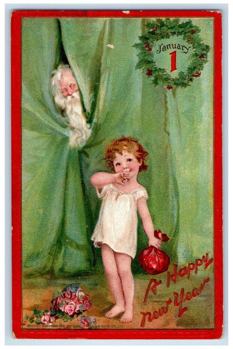 New Year January 1 Whreath Little Girl Father Time  Embossed Tuck's Postcard