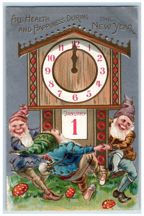 New Year January 1 Clock Toadstool Gnomes Playing Mushrooms Embossed Postcard