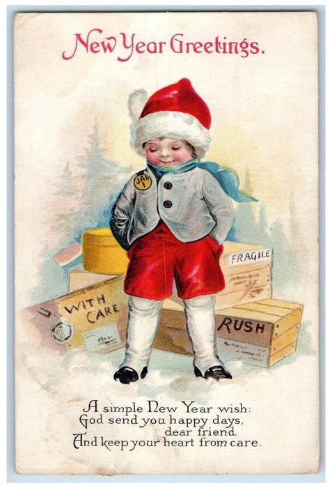 1917 New Year Greetings Little Boy Boxes Delivery Clapsaddle Embossed Postcard