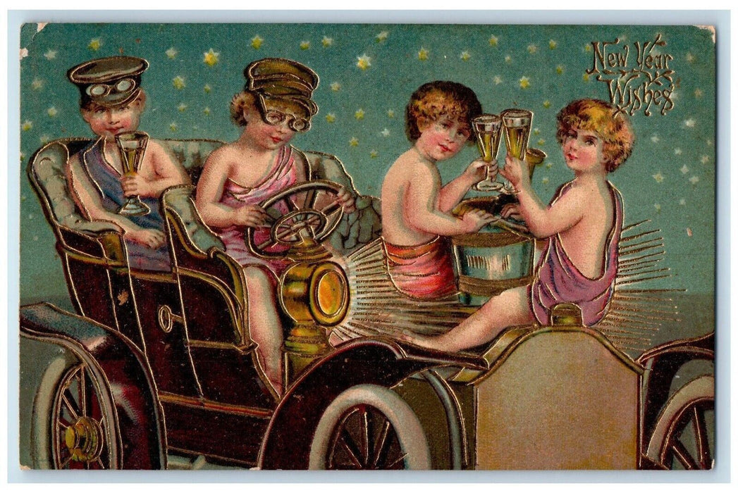 1908 New Year Boys Children Driving Car Champagne Embossed New York NY Postcard