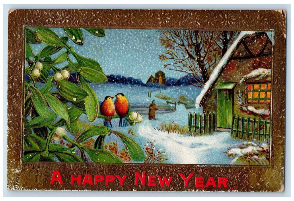 1912 New Year Holly Love Birds Woman Snowfalls Winter Embossed Gel Postcard