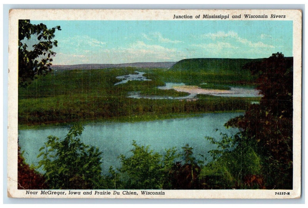 Junction Of Mississippi And Wisconsin River Prairie Du Chien WI Vintage Postcard