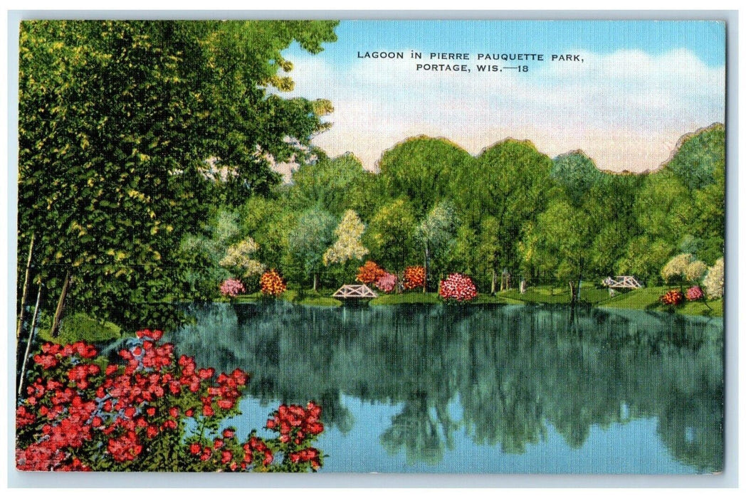 View Of Lagoon In Pierre Pauquette Park Portage Wisconsin WI Vintage Postcard