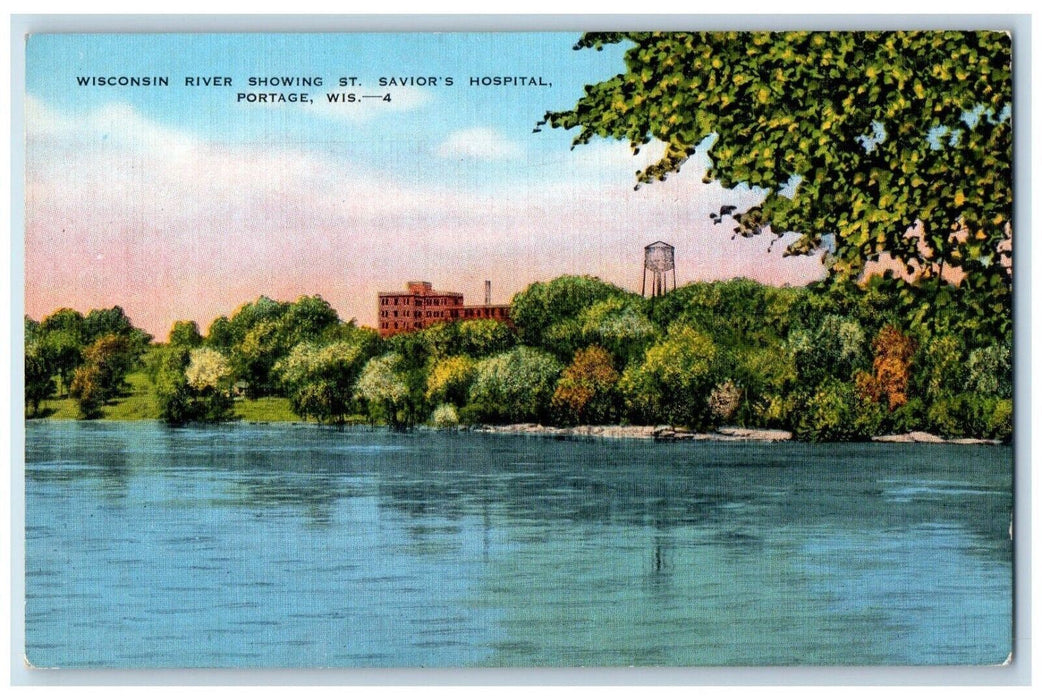 Wisconsin River Showing ST. Savior's Hospital Water Tower Portage WI Postcard