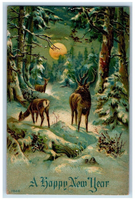 1910 New Year Deer And Pine Trees Covered Snow Winter Moon View Antique Postcard