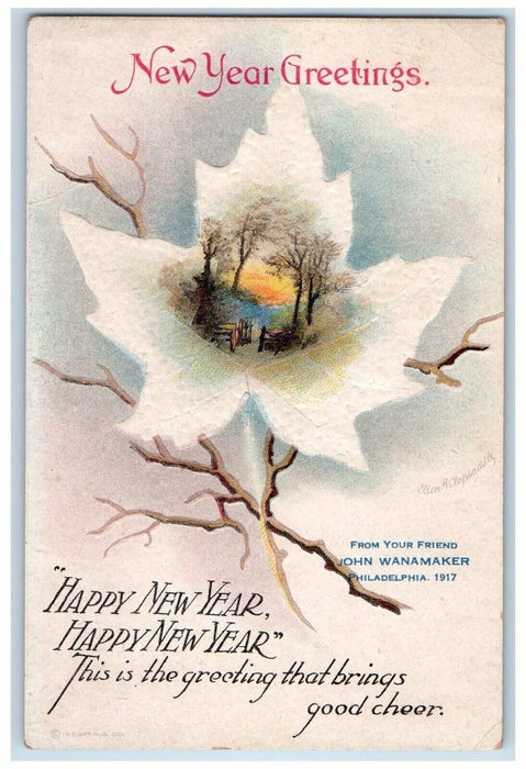 c1910's New Year Greetings Flower Trees Winter Snow Clapsaddle Embossed Postcard