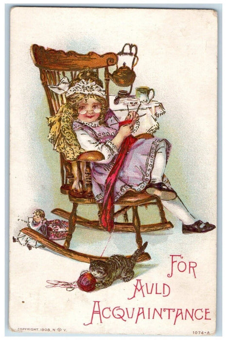 1909 New Year Girl Stitching Dolls Rocking Chair Hanging Kettle Antique Postcard