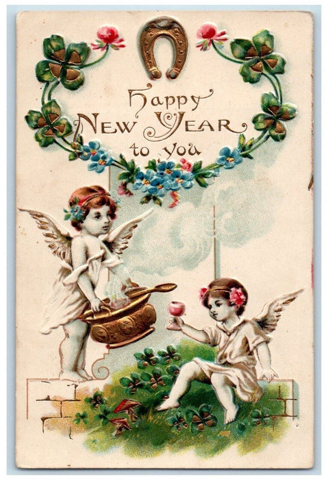 1908 New Year Angels Horseshoe Champagne Bowl Pansies And Shamrock Postcard