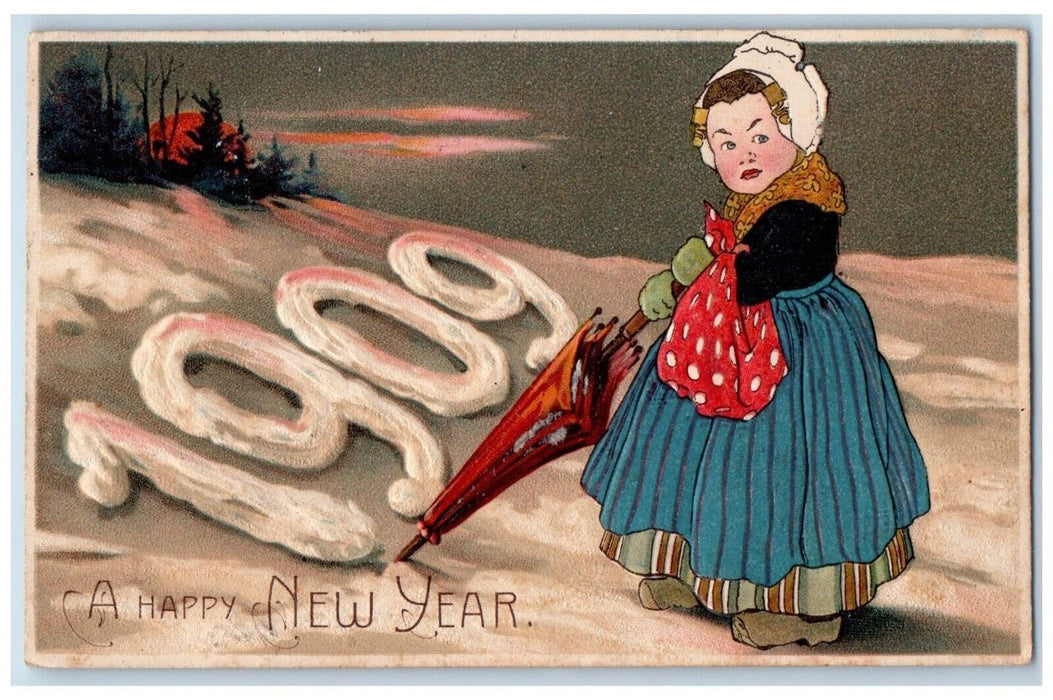 1908 New Year Dutch Girl Umbrella Sunset Embossed Lake Forest IL Postcard