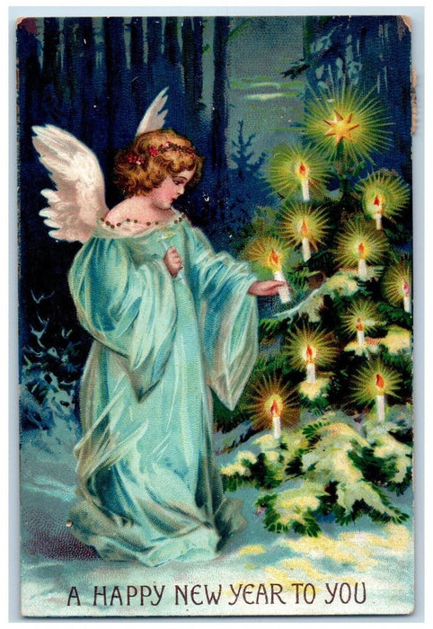 1908 New Year Angel Christmas Tree Candle Light Winter Snow Clapsaddle Postcard