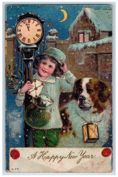 New Year Saint Bernard Boy Dog Lantern Clock Crescent Moon Snowfalls Postcard