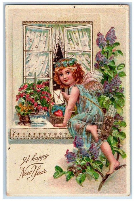 New Year Angel Sending Letter Flowers Gel Gold Gilt Harppers Ferry VA Postcard