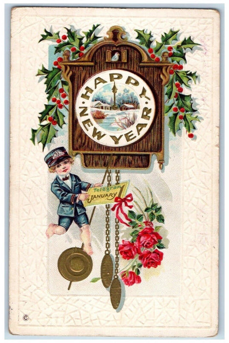 1913 New Year January 1 Boy Ringing Cuckoo Clock Holly Lincoln PA Postcard