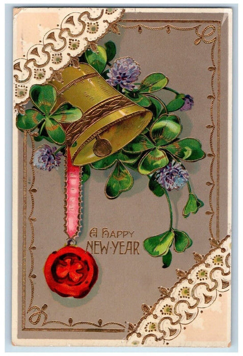 1910 New Year Ringing Bell Shamrock And Flowers Gel Gold Gilt Embossed Postcard