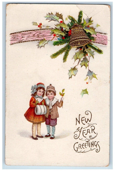 c1910's New Year Greetings Holly Berries Bell Gel Gold Gilt Embossed Postcard