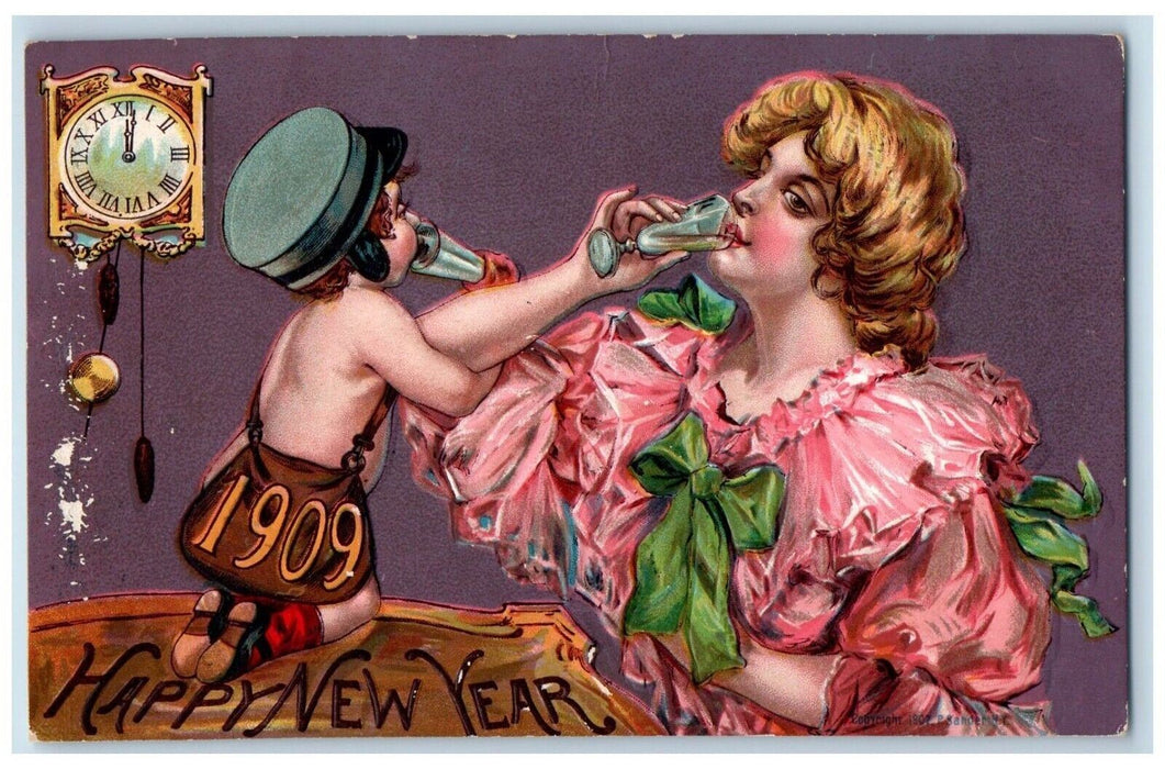 1909 New Year Girl Child Drinking Champagne Clock Midnight Hamilton VA Postcard