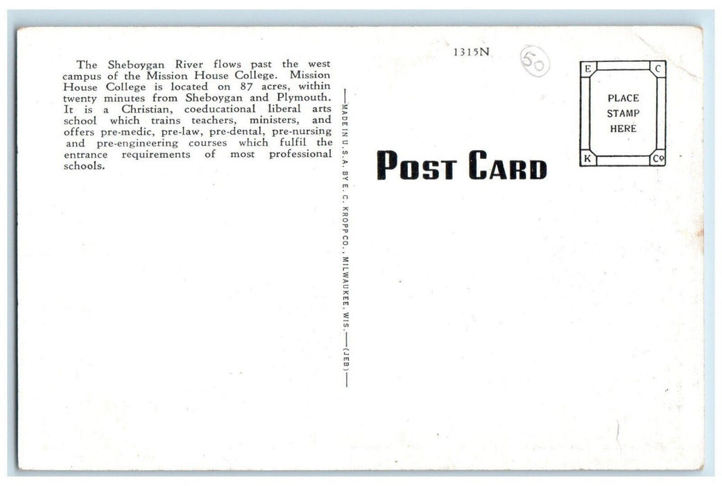 Sheboygan River Along West Campus Mission House College Plymouth WI Postcard