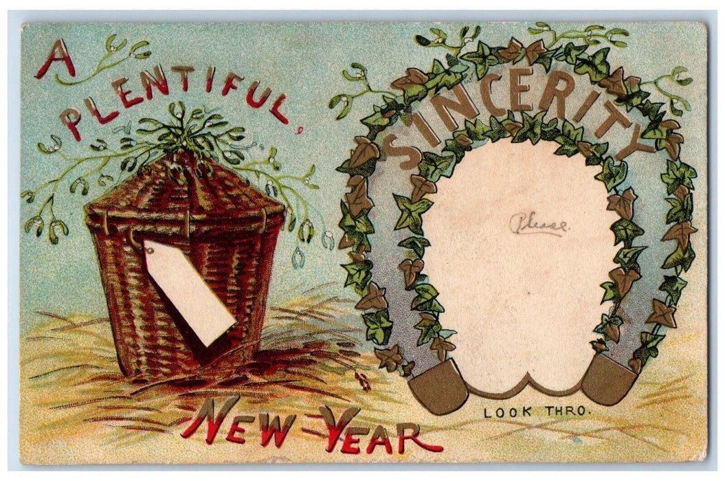 1911 New Year Horseshoe HTL Hold To Light Basket Holly Posted Antique Postcard