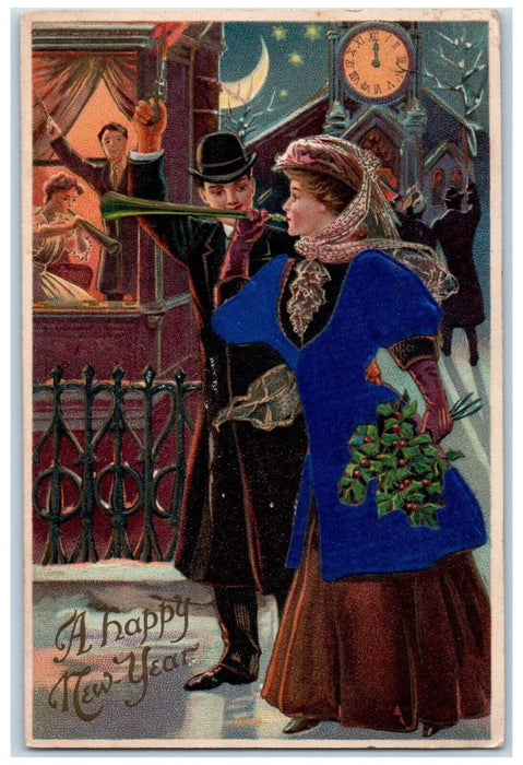 1910 New Year Girls Boys Flute Gun Clock Silk Advertising Cincinnati OH Postcard