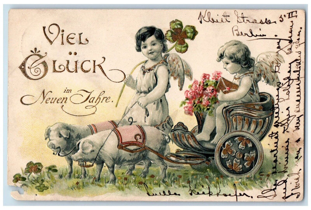 1906 New Year Good Luck Angels Pigs Pulling Cart Pansies Shamrock Postcard