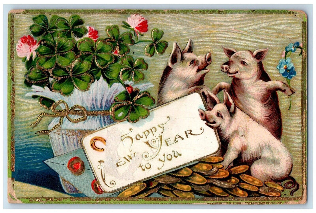 1909 New Year Shamrocks In Vase Horseshoe Pigs Pansies Coins Embossed Postcard