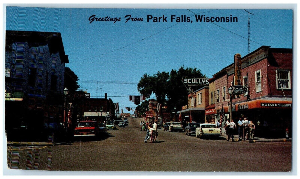 Greetings From Park Falls Wisconsin WI, Scullys Store Cars Street View, Postcard