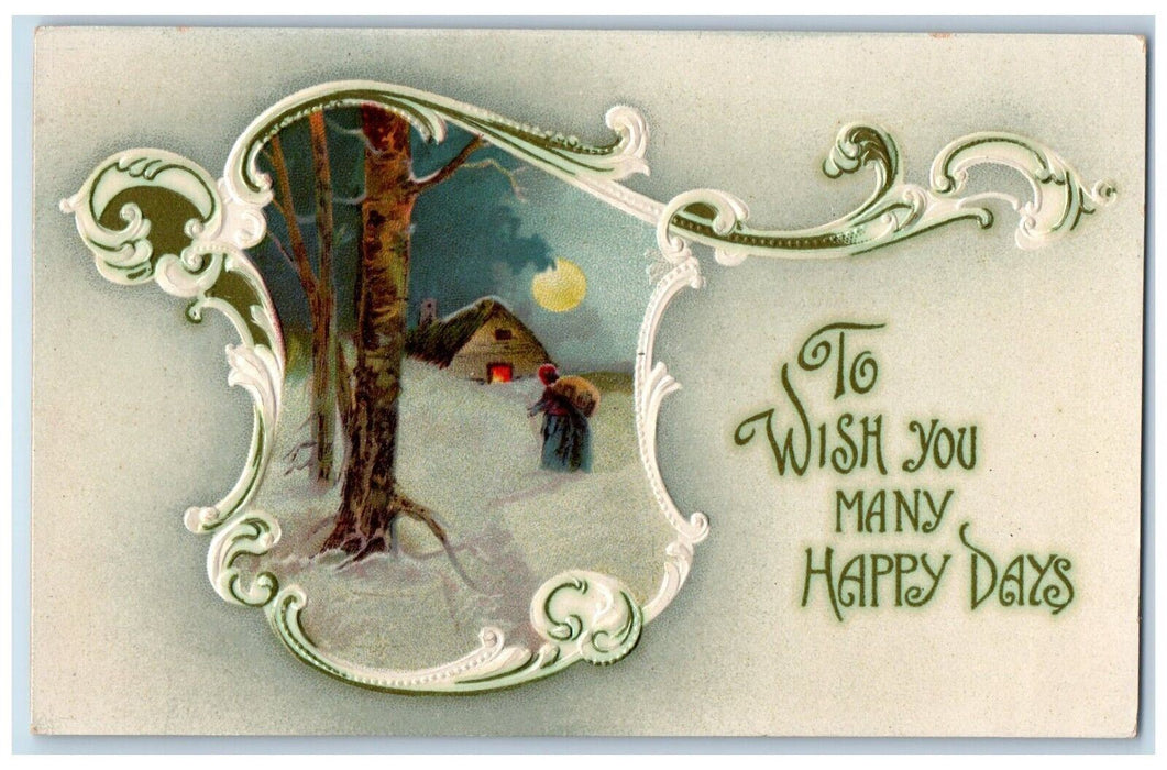 c1910's New Year Woman Walking Winter Snow House Moon Embossed Gel Postcard