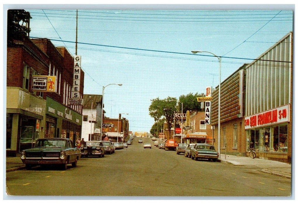 Park Falls 1st National Bank Cars Stores Street View Wisconsin WI Postcard