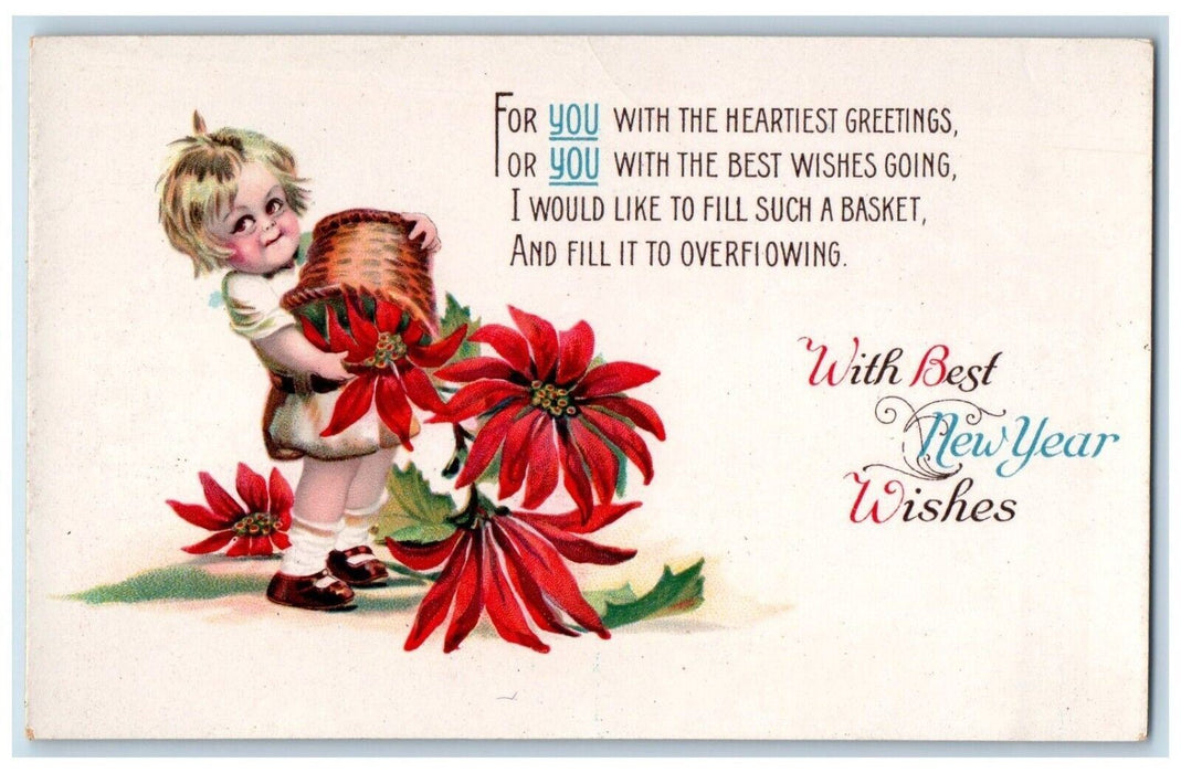 c1910's New Year Little Girl Basket Poinsettia Flowers Winsch Back Gel Postcard